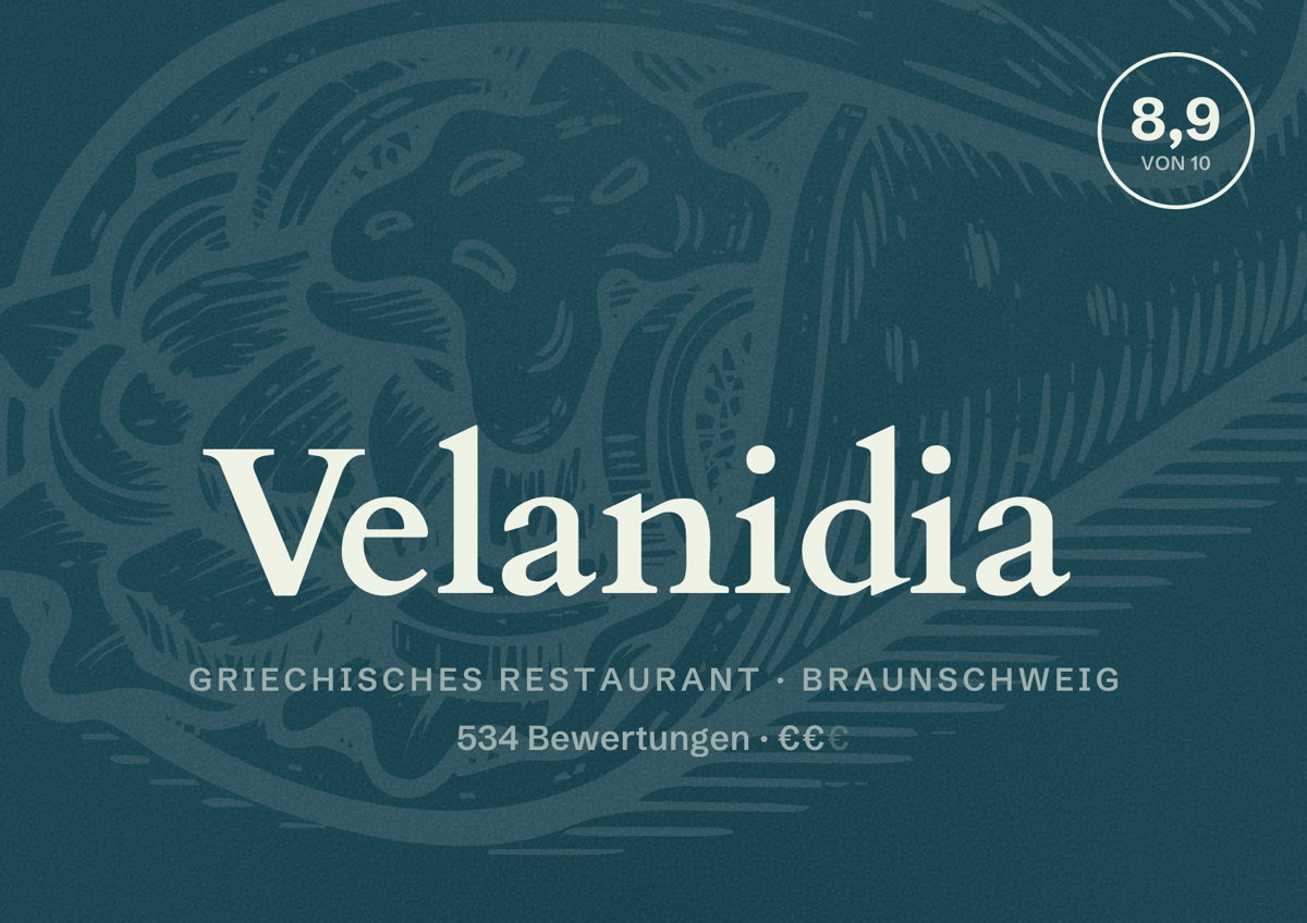 Illustriertes Poster von Velanidia, Griechisches Restaurant in Braunschweig: Bewertung 8,9 von 10 aus 534 Bewertungen, Preisniveau €€