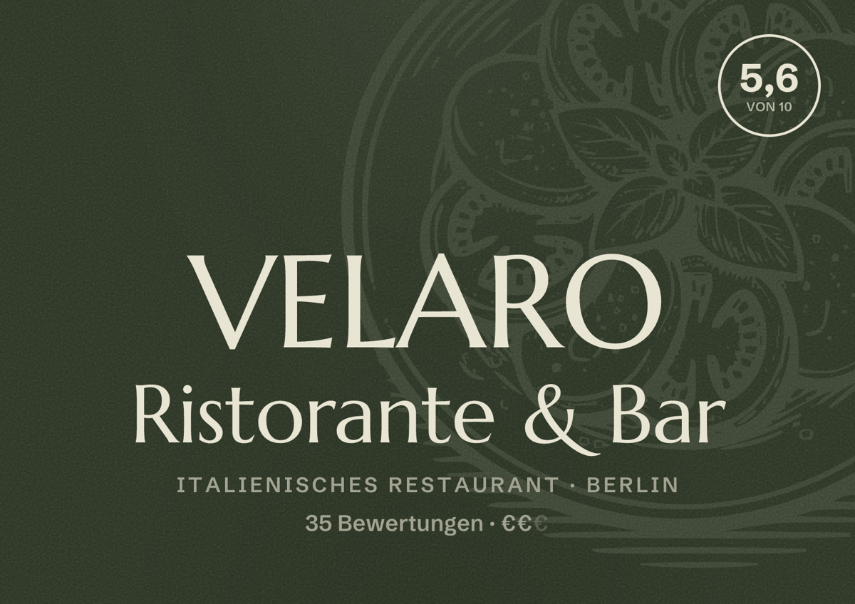 Illustriertes Poster von VELARO Ristorante & Bar, Italienisches Restaurant in Berlin: Bewertung 5,6 von 10 aus 35 Bewertungen, Preisniveau €€