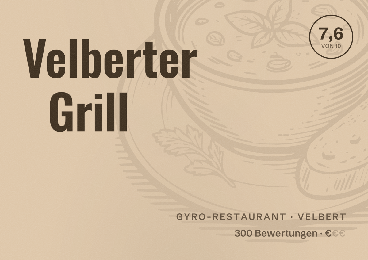 Illustriertes Poster von Velberter Grill, Gyro-Restaurant in Velbert: Bewertung 7,6 von 10 aus 300 Bewertungen, Preisniveau €