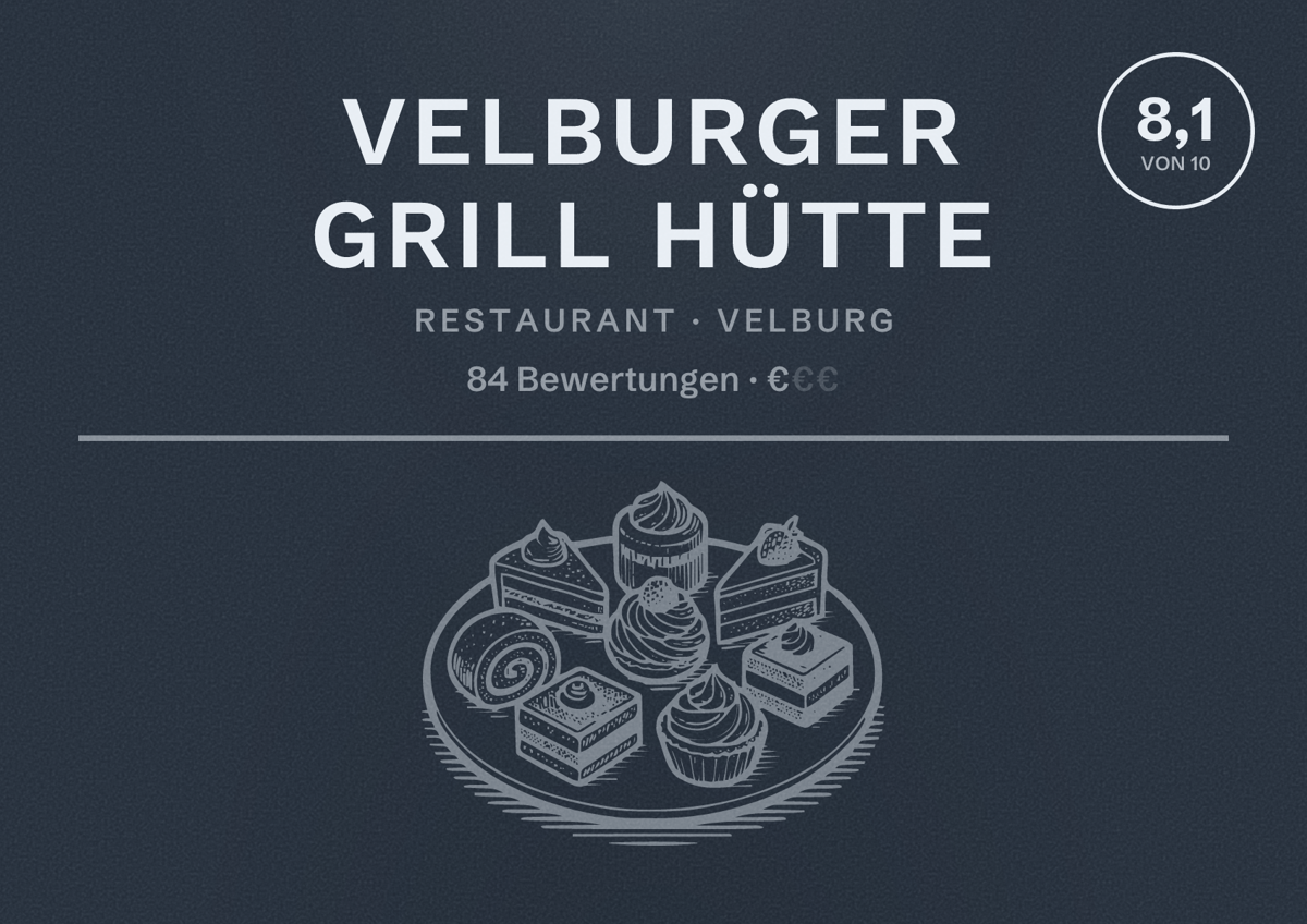 Illustriertes Poster von Velburger Grill Hütte, Restaurant in Velburg: Bewertung 8,1 von 10 aus 84 Bewertungen, Preisniveau €