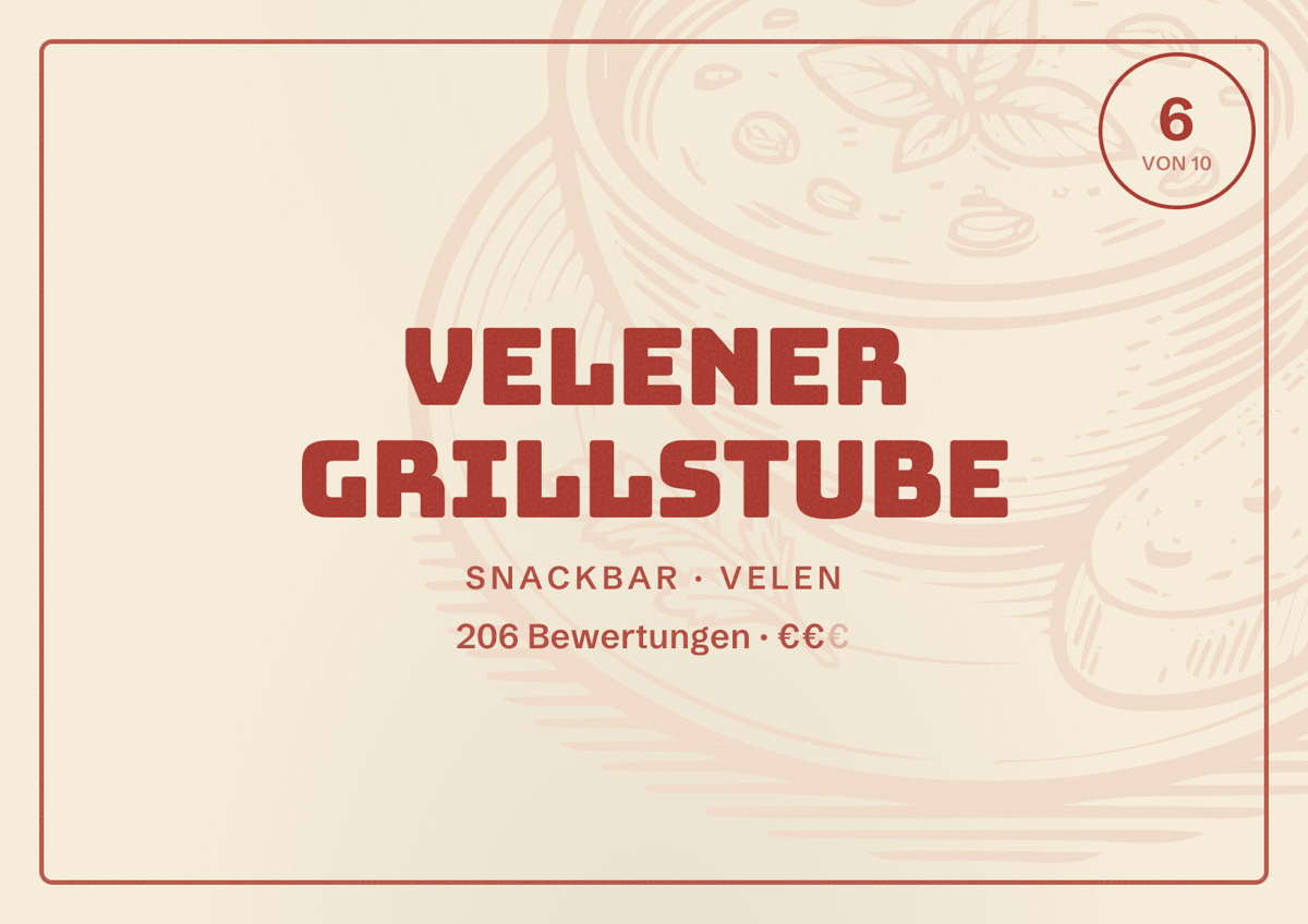Illustriertes Poster von Velener Grillstube, Snackbar in Velen: Bewertung 6 von 10 aus 206 Bewertungen, Preisniveau €€