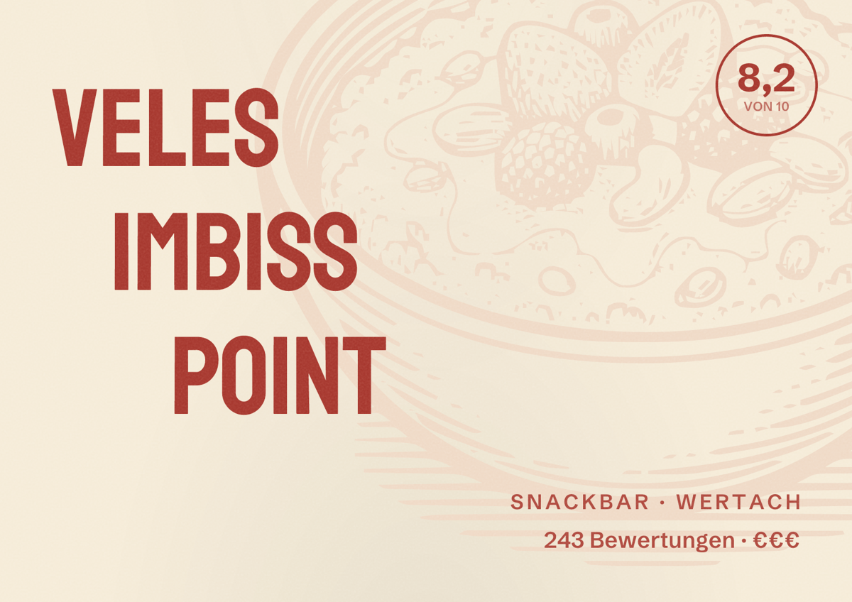 Illustriertes Poster von Veles Imbiss Point, Snackbar in Wertach: Bewertung 8,2 von 10 aus 243 Bewertungen, Preisniveau €€€