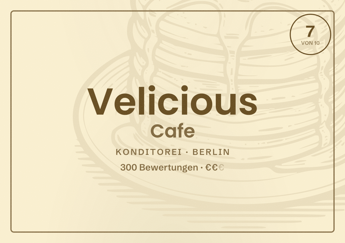 Illustriertes Poster von Velicious Cafe, Konditorei in Berlin: Bewertung 7,0 von 10 aus 300 Bewertungen, Preisniveau €€