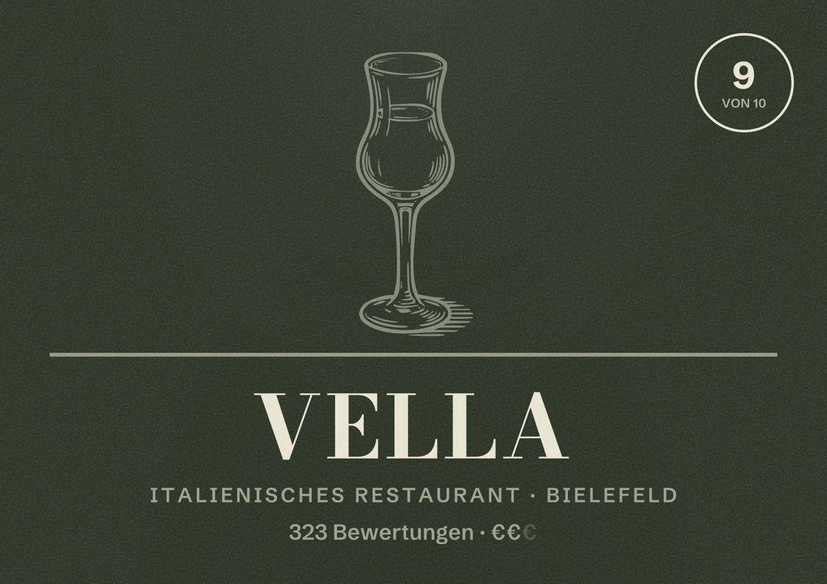 Illustriertes Poster von Vella, Italienisches Restaurant in Bielefeld: Bewertung 9 von 10 aus 323 Bewertungen, Preisniveau €€