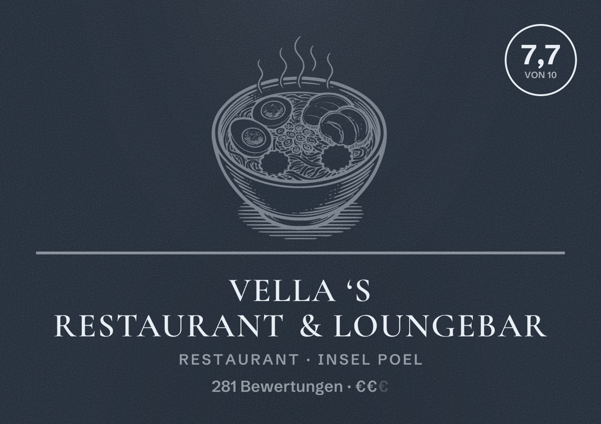 Illustriertes Poster von Vella ‘s Restaurant & Loungebar, Restaurant in Insel Poel: Bewertung 7,7 von 10 aus 281 Bewertungen, Preisniveau €€