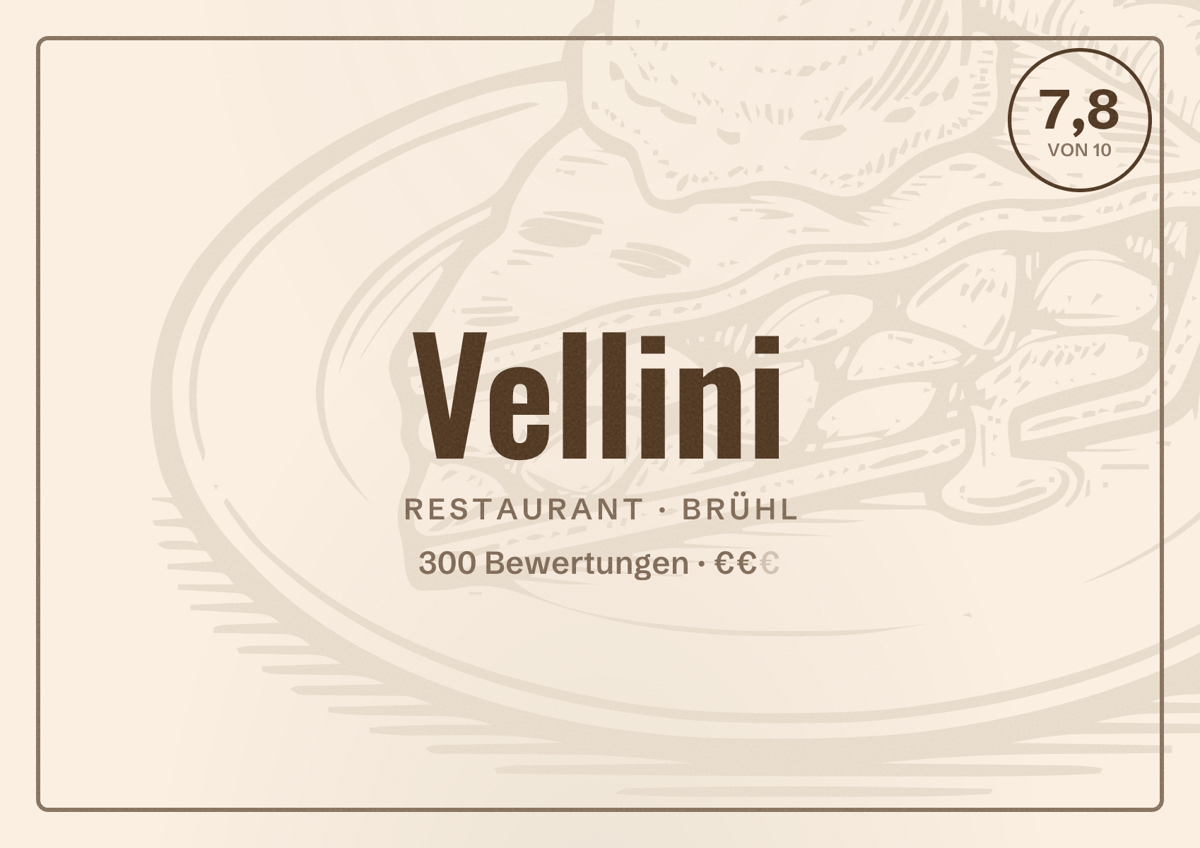 Illustriertes Poster von Vellini, Restaurant in Brühl: Bewertung 7,8 von 10 aus 300 Bewertungen, Preisniveau €€