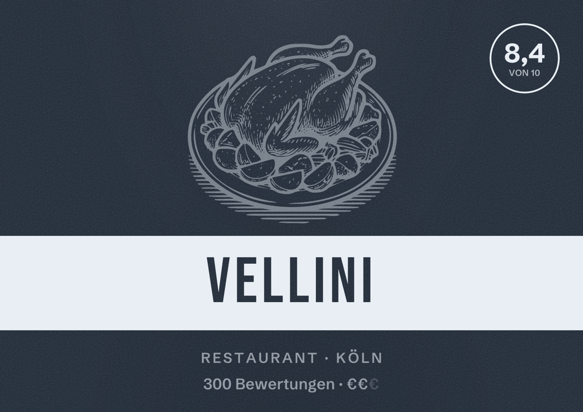 Illustriertes Poster von Vellini, Restaurant in Köln: Bewertung 8,4 von 10 aus 300 Bewertungen, Preisniveau €€