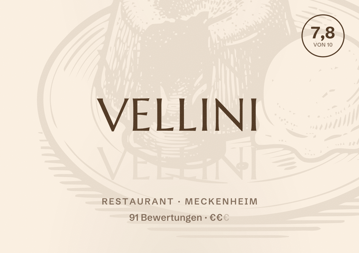Illustriertes Poster von Vellini, Restaurant in Meckenheim: Bewertung 7,8 von 10 aus 91 Bewertungen, Preisniveau €€