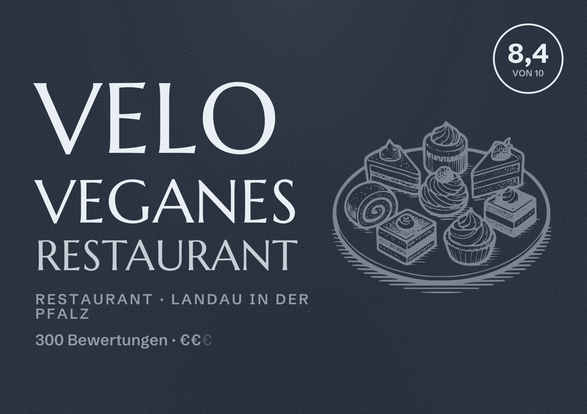 Illustriertes Poster von VELO veganes Restaurant, Restaurant in Landau in der Pfalz: Bewertung 8,4 von 10 aus 300 Bewertungen, Preisniveau €€