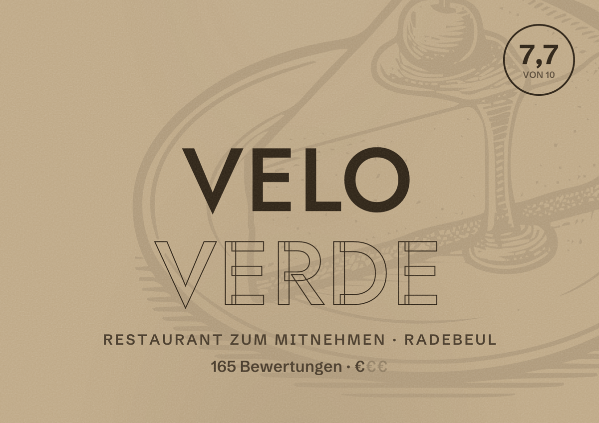 Illustriertes Poster von Velo Verde, Restaurant zum Mitnehmen in Radebeul: Bewertung 7,7 von 10 aus 165 Bewertungen, Preisniveau €