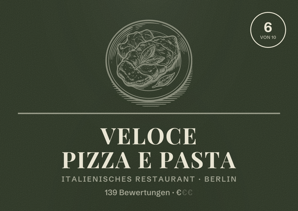 Illustriertes Poster von Veloce Pizza e Pasta, Italienisches Restaurant in Berlin: Bewertung 6,0 von 10 aus 139 Bewertungen, Preisniveau €