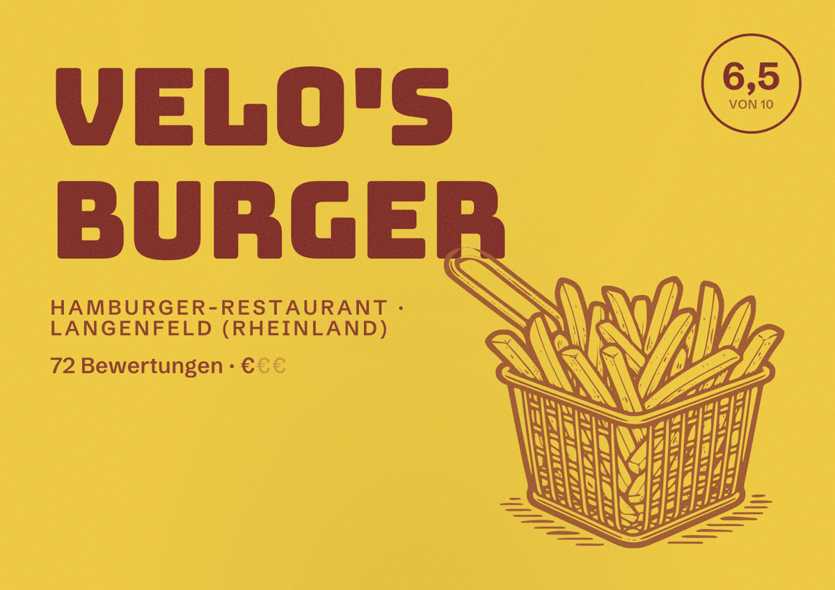 Illustriertes Poster von Velo's Burger, Hamburger-Restaurant in Langenfeld (Rheinland): Bewertung 6,5 von 10 aus 72 Bewertungen, Preisniveau €