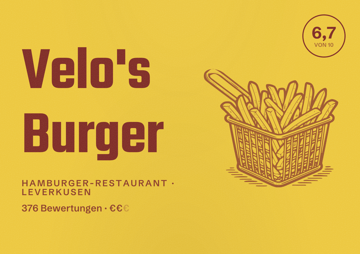 Illustriertes Poster von Velo's Burger, Hamburger-Restaurant in Leverkusen: Bewertung 6,7 von 10 aus 376 Bewertungen, Preisniveau €€