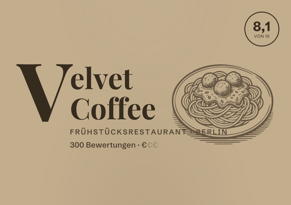 Illustriertes Poster von Velvet Coffee, Frühstücksrestaurant in Berlin: Bewertung 8,1 von 10 aus 300 Bewertungen, Preisniveau €
