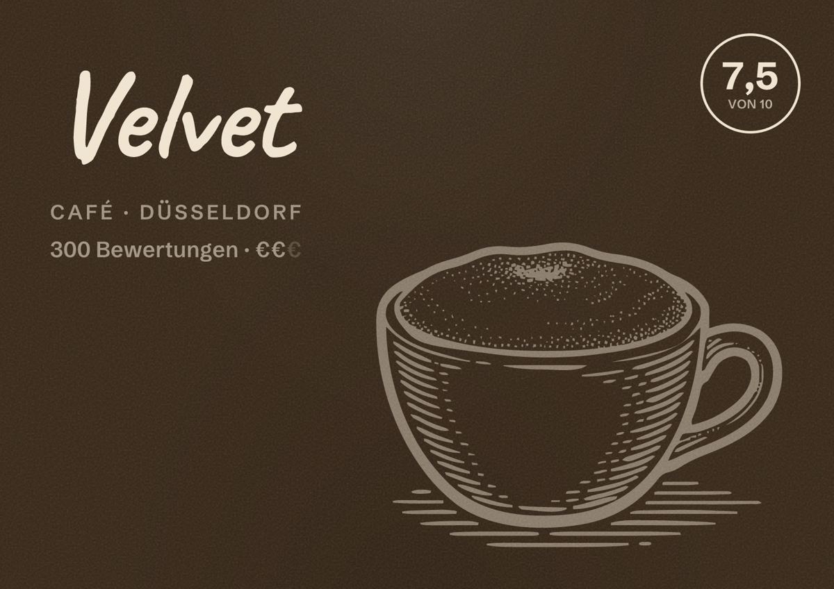 Illustriertes Poster von Velvet, Café in Düsseldorf: Bewertung 7,5 von 10 aus 300 Bewertungen, Preisniveau €€