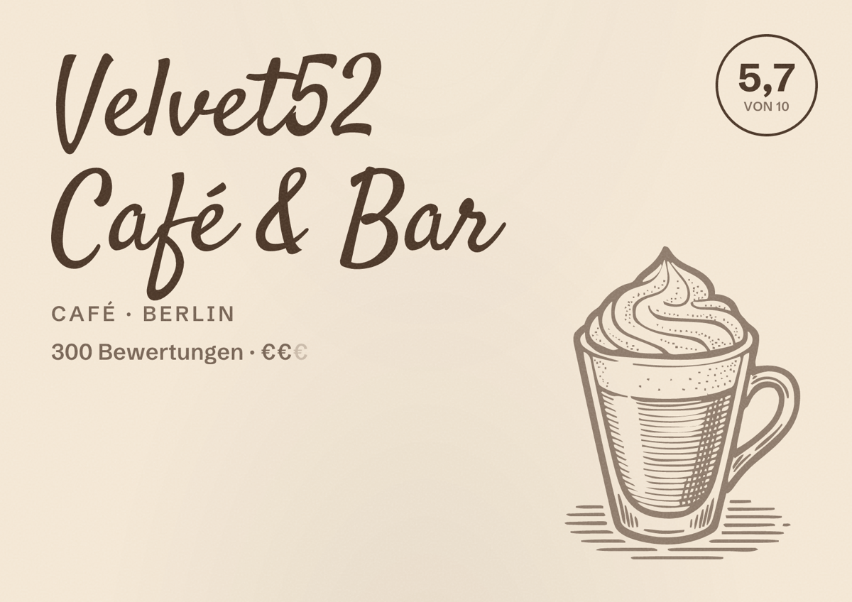 Illustriertes Poster von Velvet52 Café & Bar, Café in Berlin: Bewertung 5,7 von 10 aus 300 Bewertungen, Preisniveau €€