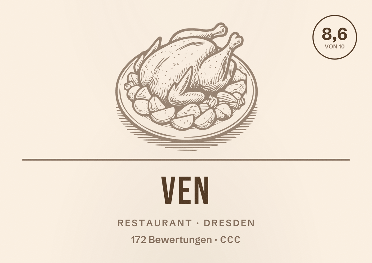 Illustriertes Poster von VEN, Restaurant in Dresden: Bewertung 8,6 von 10 aus 172 Bewertungen, Preisniveau €€€