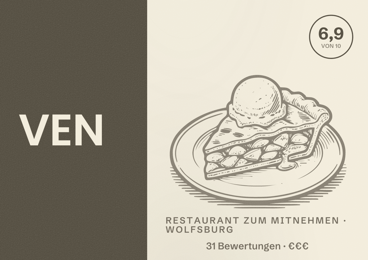 Illustriertes Poster von VEN, Restaurant zum Mitnehmen in Wolfsburg: Bewertung 6,9 von 10 aus 31 Bewertungen, Preisniveau €€€