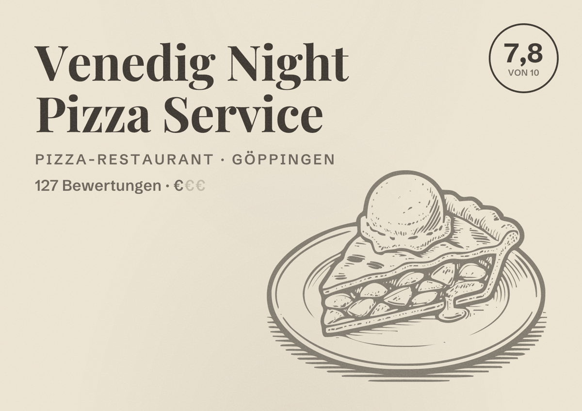 Illustriertes Poster von Venedig Night Pizza Service, Pizza-Restaurant in Göppingen: Bewertung 7,8 von 10 aus 127 Bewertungen, Preisniveau €