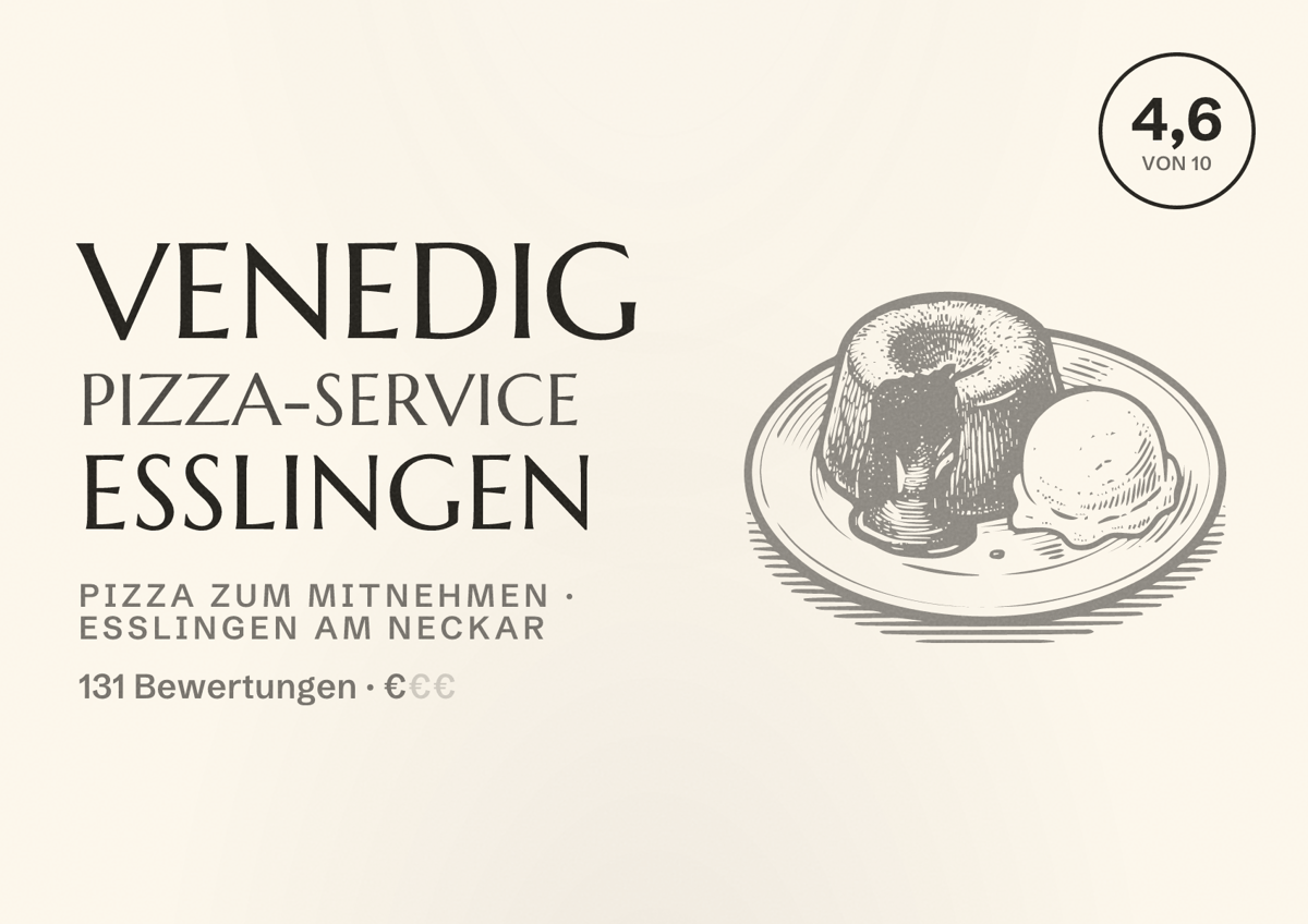 Illustriertes Poster von Venedig Pizza-Service Esslingen, Pizza zum Mitnehmen in Esslingen am Neckar: Bewertung 4,6 von 10 aus 131 Bewertungen, Preisniveau €