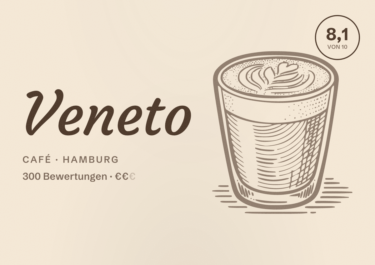 Illustriertes Poster von Veneto, Café in Hamburg: Bewertung 8,1 von 10 aus 300 Bewertungen, Preisniveau €€