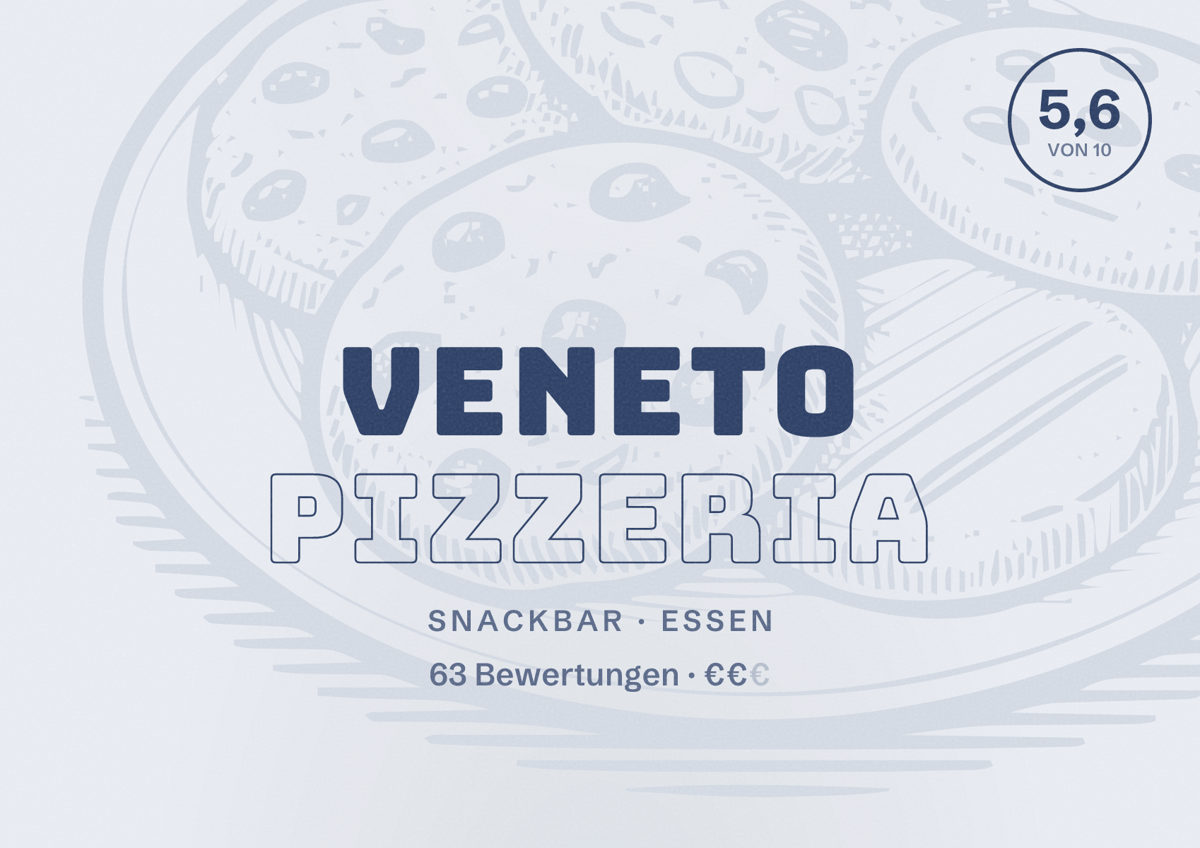Illustriertes Poster von Veneto Pizzeria, Snackbar in Essen: Bewertung 5,6 von 10 aus 63 Bewertungen, Preisniveau €€