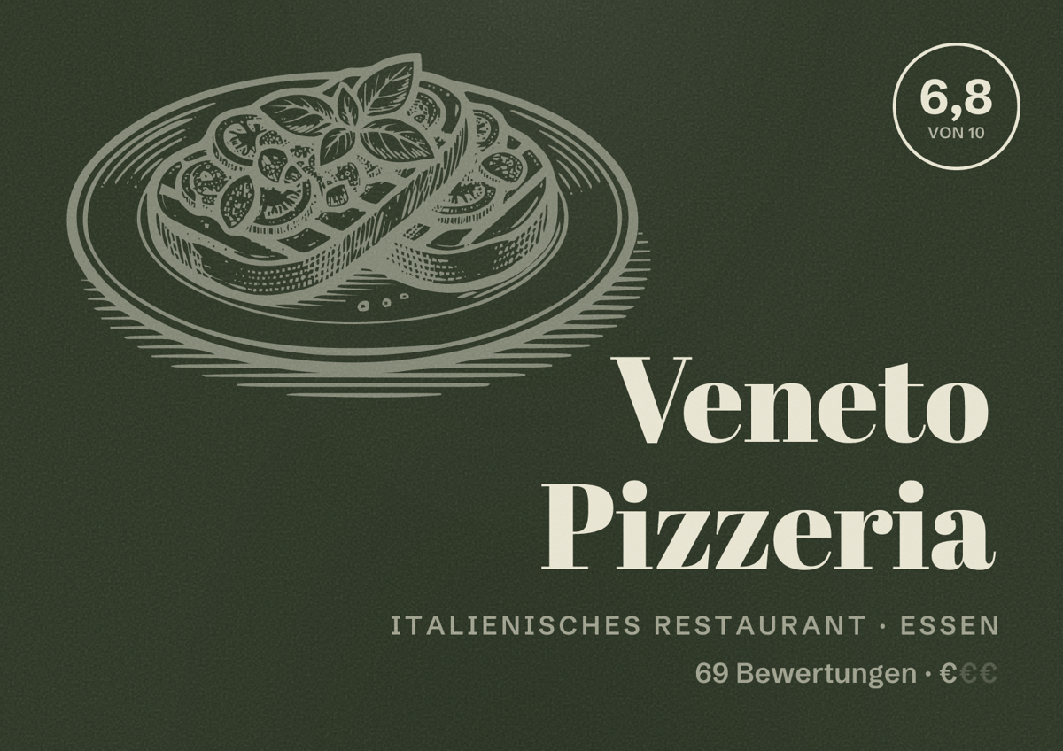 Illustriertes Poster von Veneto Pizzeria, Italienisches Restaurant in Essen: Bewertung 6,8 von 10 aus 69 Bewertungen, Preisniveau €