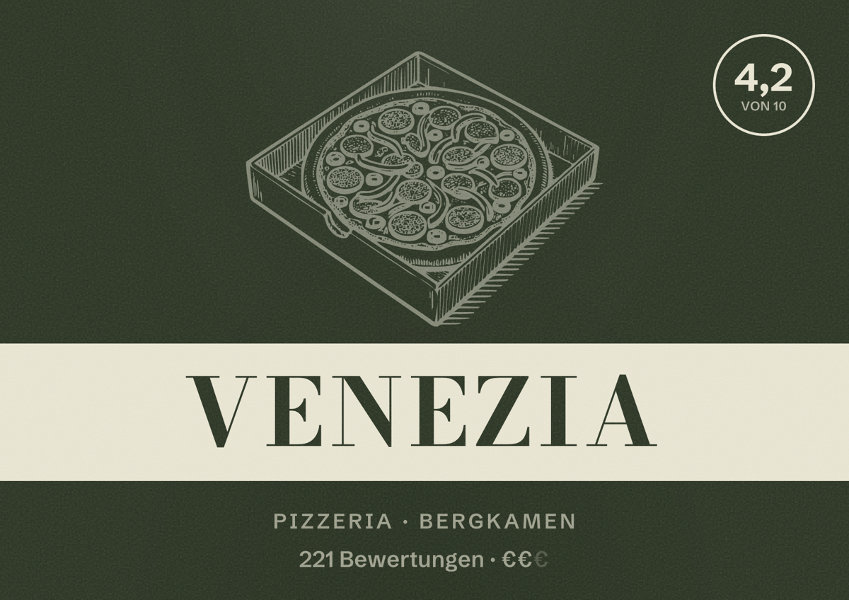 Illustriertes Poster von Venezia, Pizzeria in Bergkamen: Bewertung 4,2 von 10 aus 221 Bewertungen, Preisniveau €€