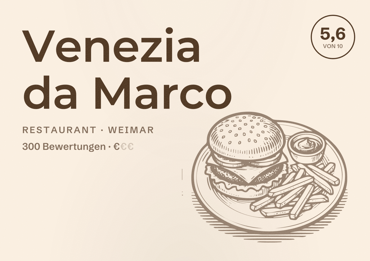Illustriertes Poster von Venezia da Marco, Restaurant in Weimar: Bewertung 5,6 von 10 aus 300 Bewertungen, Preisniveau €