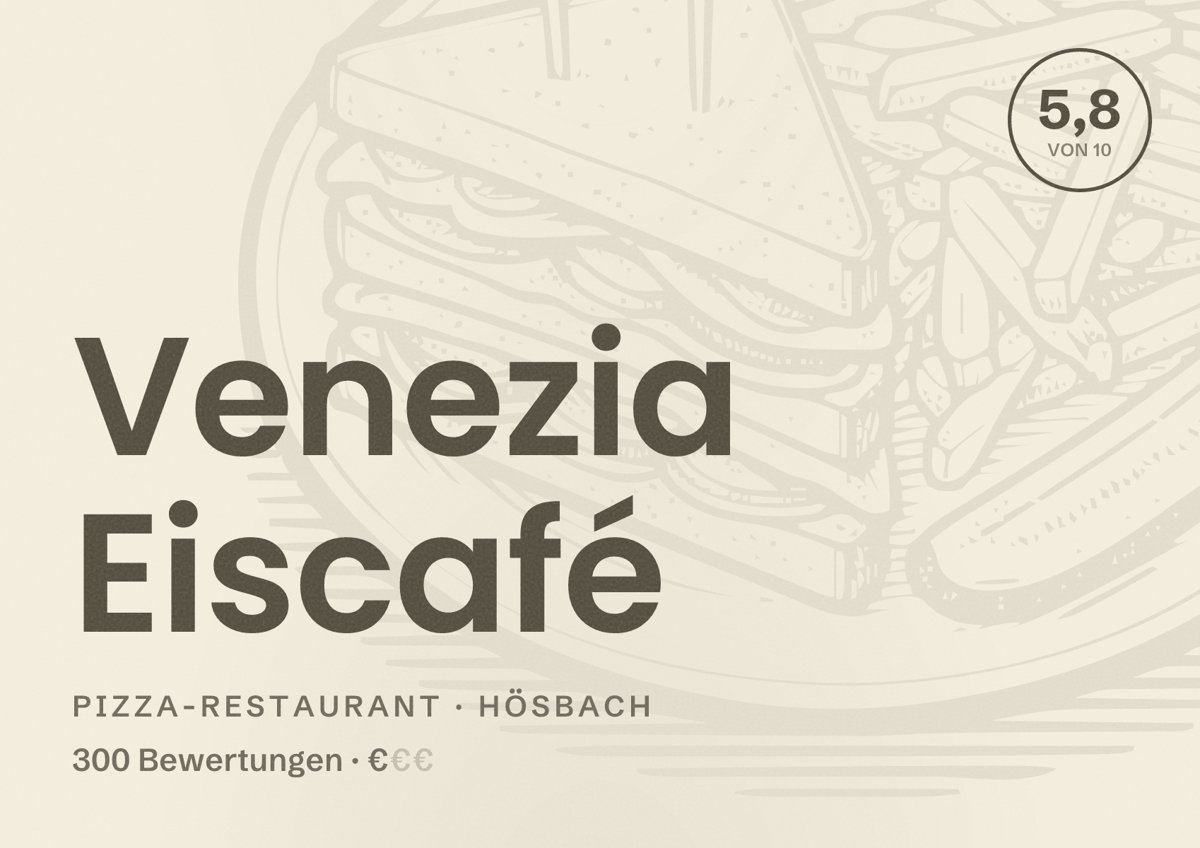 Illustriertes Poster von Venezia Eiscafé, Pizza-Restaurant in Hösbach: Bewertung 5,8 von 10 aus 300 Bewertungen, Preisniveau €