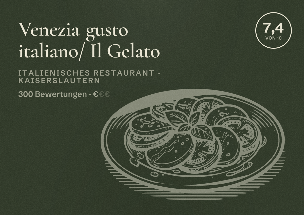Illustriertes Poster von Venezia gusto italiano/ Il Gelato, Italienisches Restaurant in Kaiserslautern: Bewertung 7,4 von 10 aus 300 Bewertungen, Preisniveau €