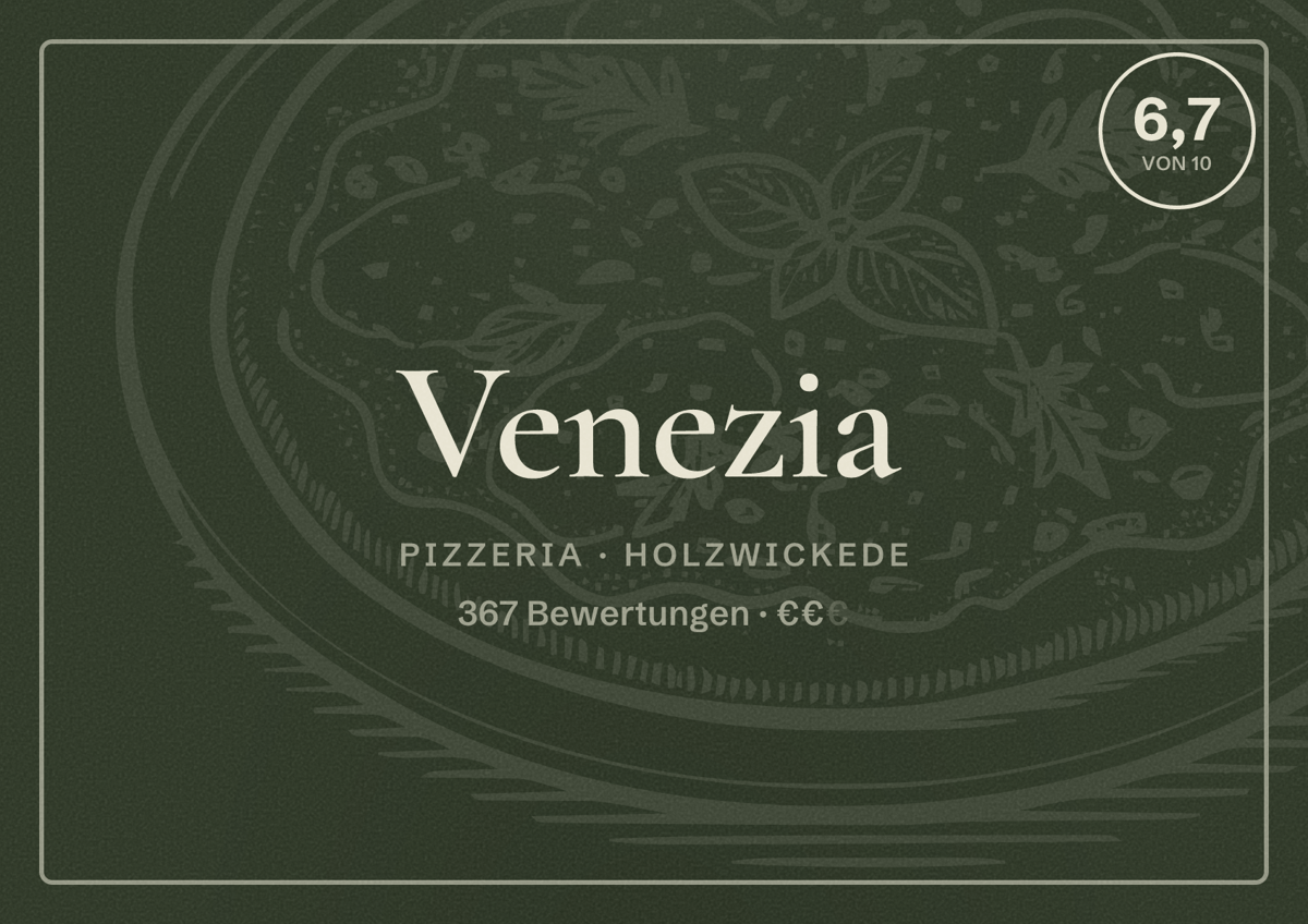 Illustriertes Poster von Venezia, Pizzeria in Holzwickede: Bewertung 6,7 von 10 aus 367 Bewertungen, Preisniveau €€