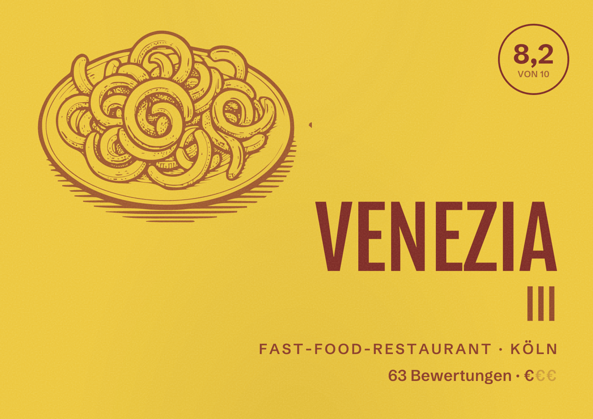 Illustriertes Poster von VENEZIA III, Fast-Food-Restaurant in Köln: Bewertung 8,2 von 10 aus 63 Bewertungen, Preisniveau €