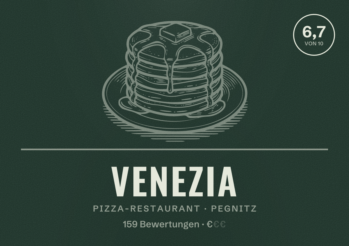 Illustriertes Poster von Venezia, Pizza-Restaurant in Pegnitz: Bewertung 6,7 von 10 aus 159 Bewertungen, Preisniveau €