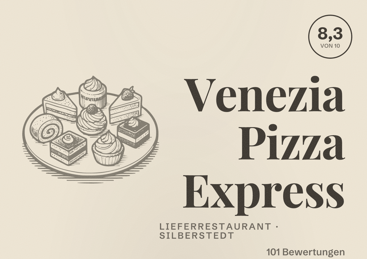 Illustriertes Poster von Venezia Pizza Express, Lieferrestaurant in Silberstedt: Bewertung 8,3 von 10 aus 101 Bewertungen