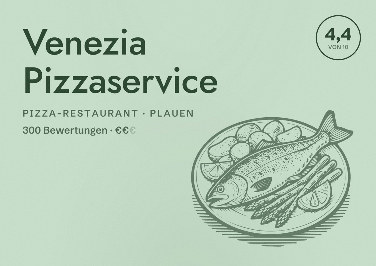 Illustriertes Poster von Venezia Pizzaservice, Pizza-Restaurant in Plauen: Bewertung 4,4 von 10 aus 300 Bewertungen, Preisniveau €€