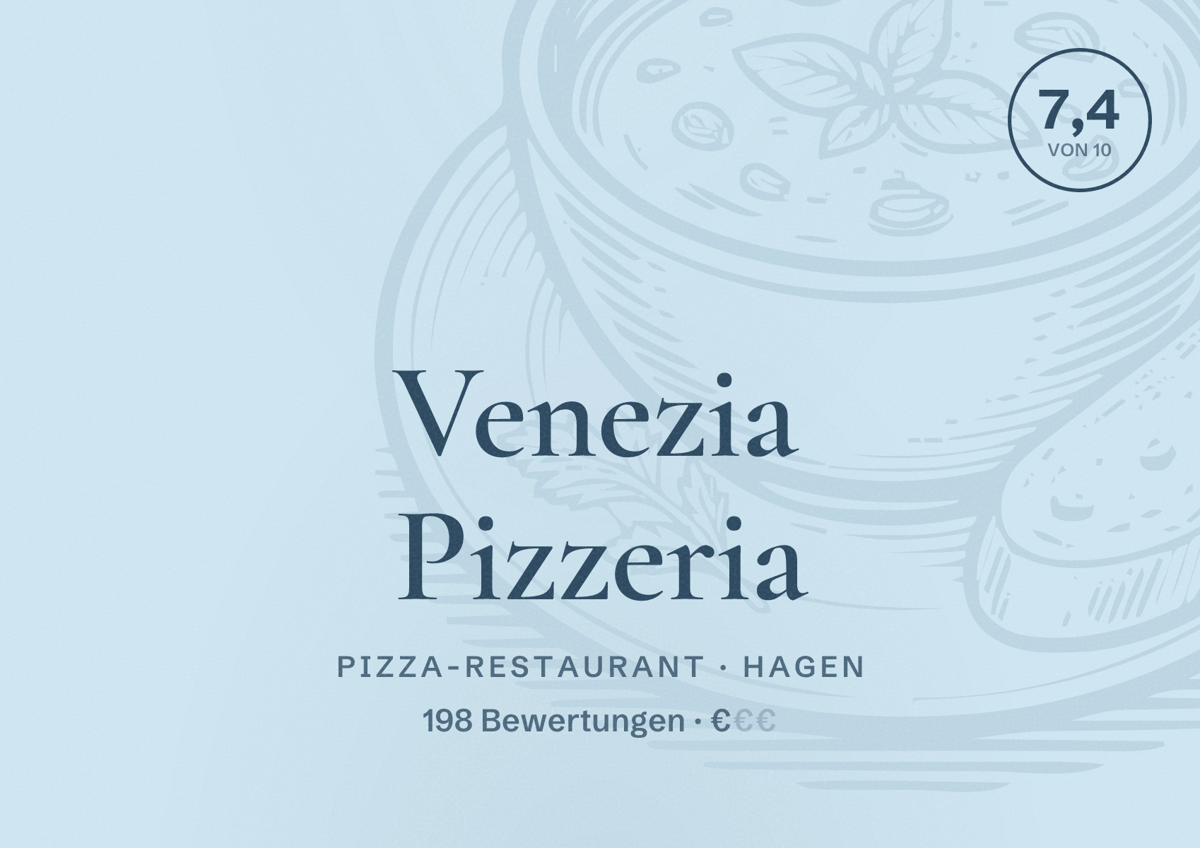 Illustriertes Poster von Venezia Pizzeria, Pizza-Restaurant in Hagen: Bewertung 7,4 von 10 aus 198 Bewertungen, Preisniveau €