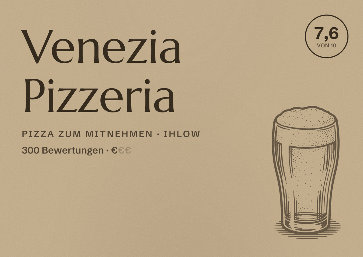 Illustriertes Poster von Venezia Pizzeria, Pizza zum Mitnehmen in Ihlow: Bewertung 7,6 von 10 aus 300 Bewertungen, Preisniveau €