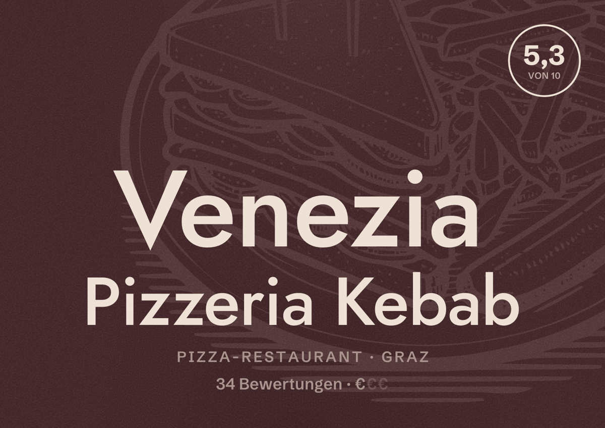 Illustriertes Poster von Venezia Pizzeria Kebab, Pizza-Restaurant in Graz: Bewertung 5,3 von 10 aus 34 Bewertungen, Preisniveau €