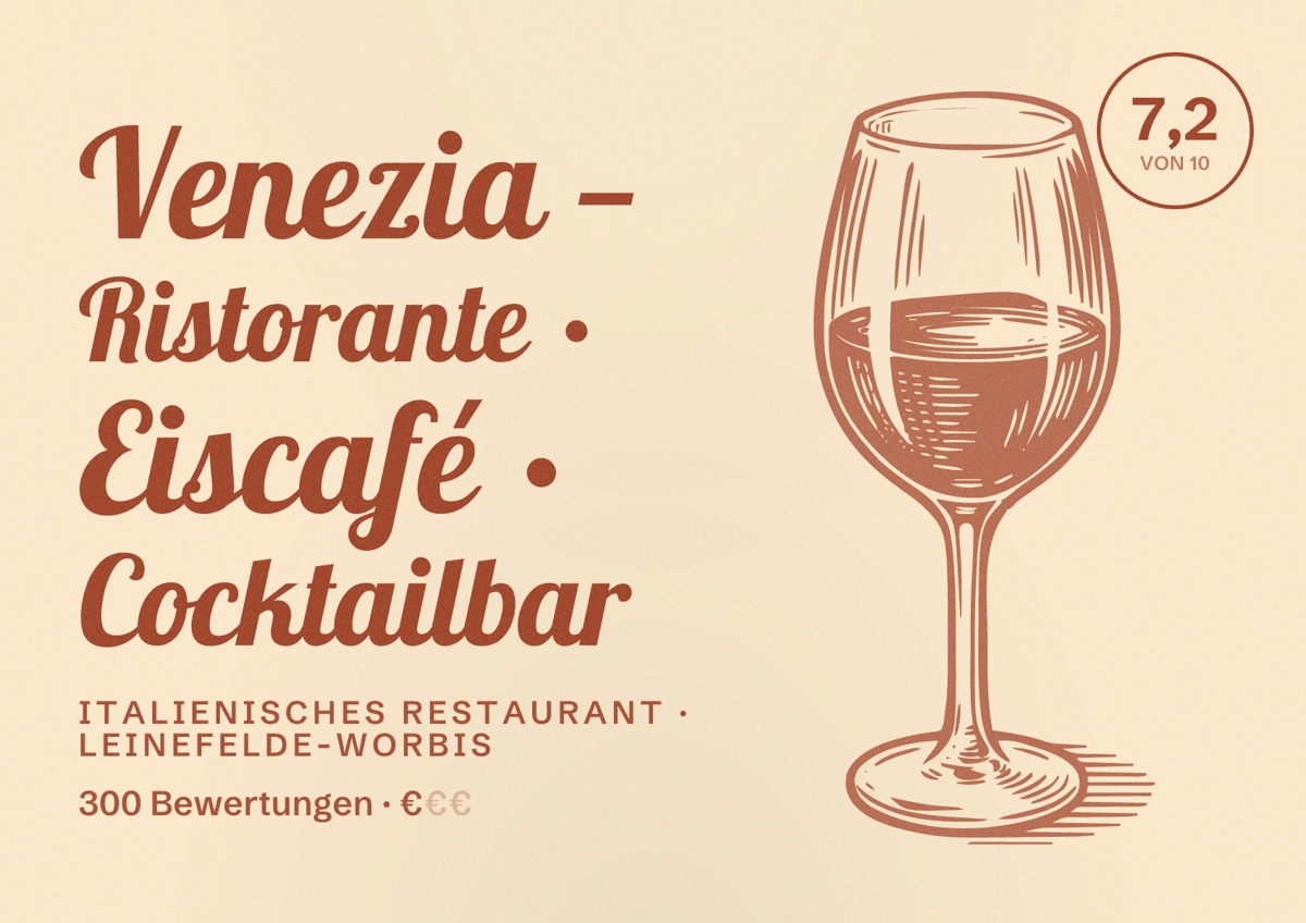 Illustriertes Poster von Venezia — Ristorante • Eiscafé • Cocktailbar, Italienisches Restaurant in Leinefelde-Worbis: Bewertung 7,2 von 10 aus 300 Bewertungen, Preisniveau €