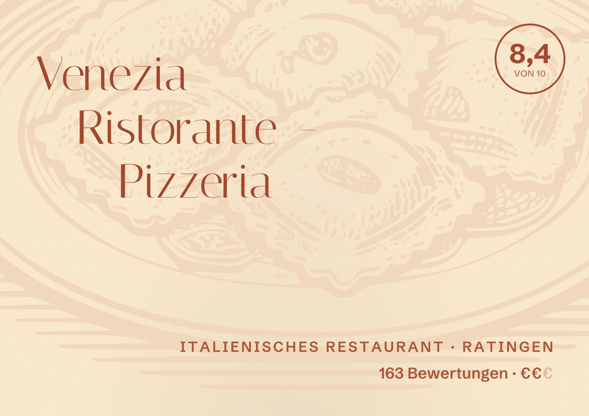 Illustriertes Poster von Venezia Ristorante - Pizzeria, Italienisches Restaurant in Ratingen: Bewertung 8,4 von 10 aus 163 Bewertungen, Preisniveau €€