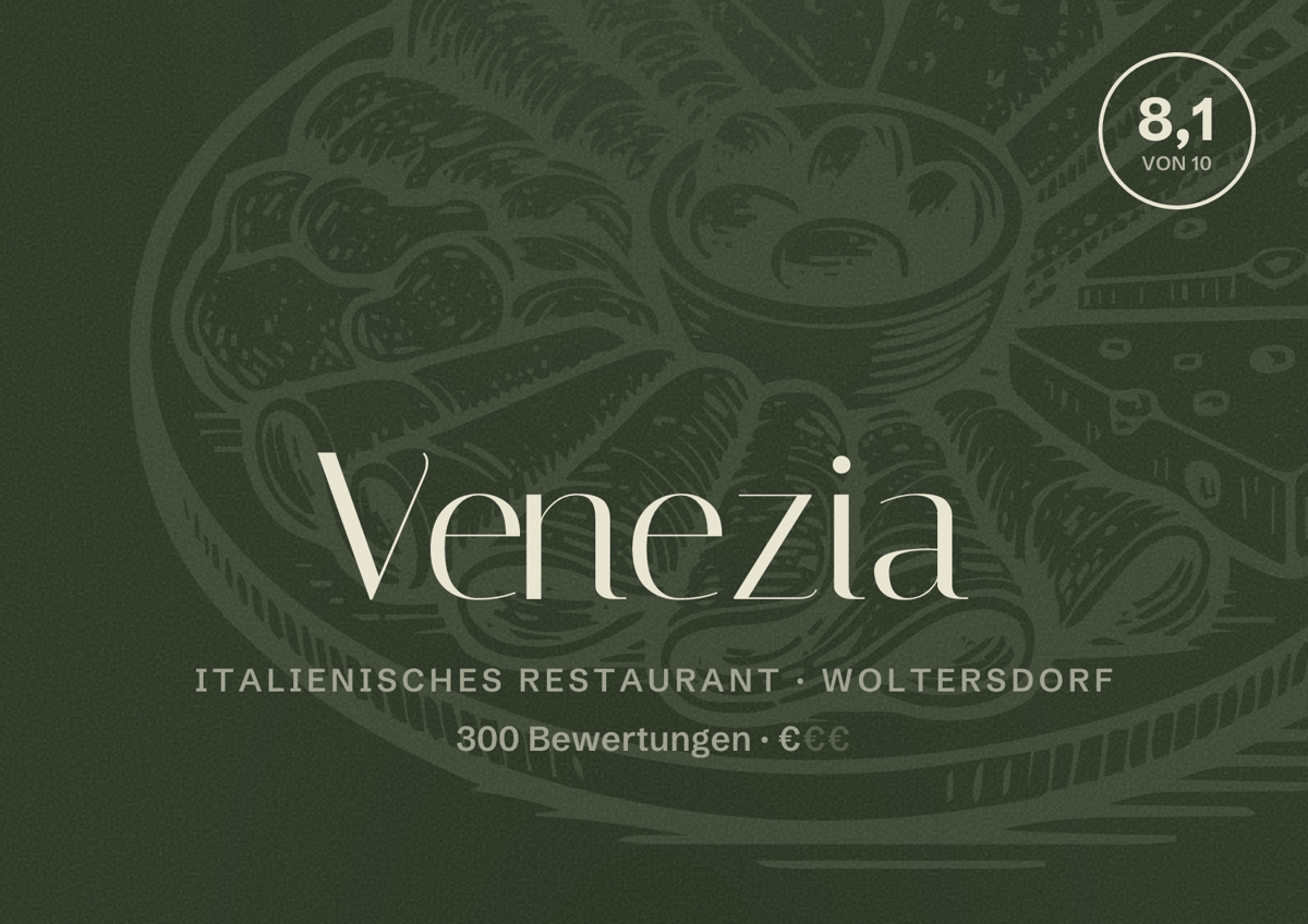 Illustriertes Poster von Venezia, Italienisches Restaurant in Woltersdorf: Bewertung 8,1 von 10 aus 300 Bewertungen, Preisniveau €