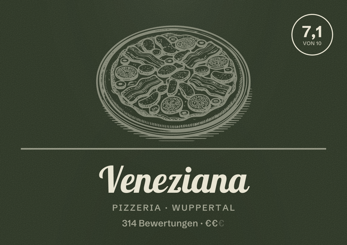 Illustriertes Poster von Veneziana, Pizzeria in Wuppertal: Bewertung 7,1 von 10 aus 314 Bewertungen, Preisniveau €€