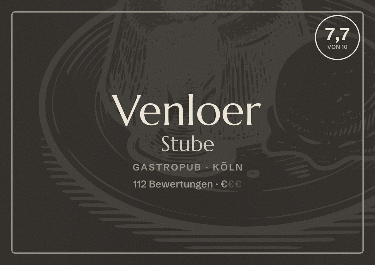Illustriertes Poster von Venloer Stube, Gastropub in Köln: Bewertung 7,7 von 10 aus 112 Bewertungen, Preisniveau €