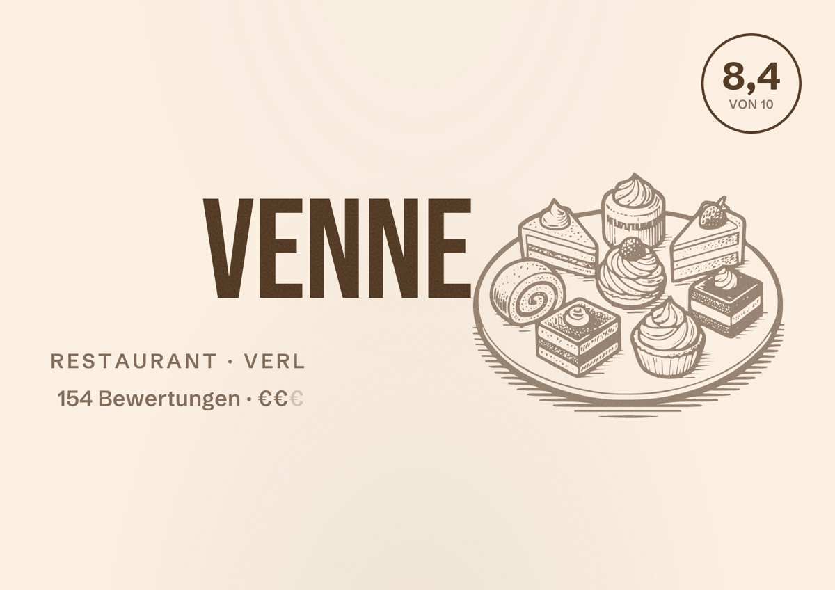 Illustriertes Poster von Venne, Restaurant in Verl: Bewertung 8,4 von 10 aus 154 Bewertungen, Preisniveau €€