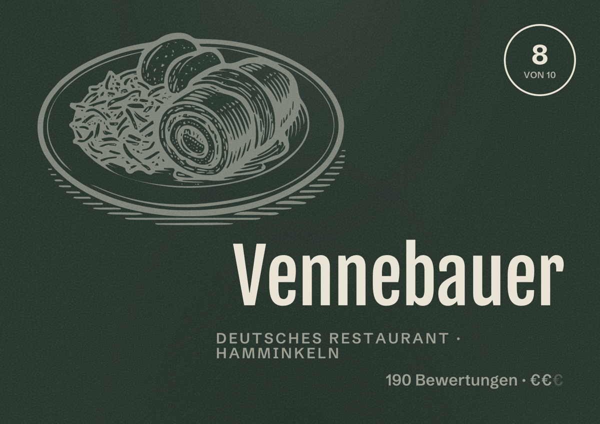 Illustriertes Poster von Vennebauer, Deutsches Restaurant in Hamminkeln: Bewertung 8 von 10 aus 190 Bewertungen, Preisniveau €€