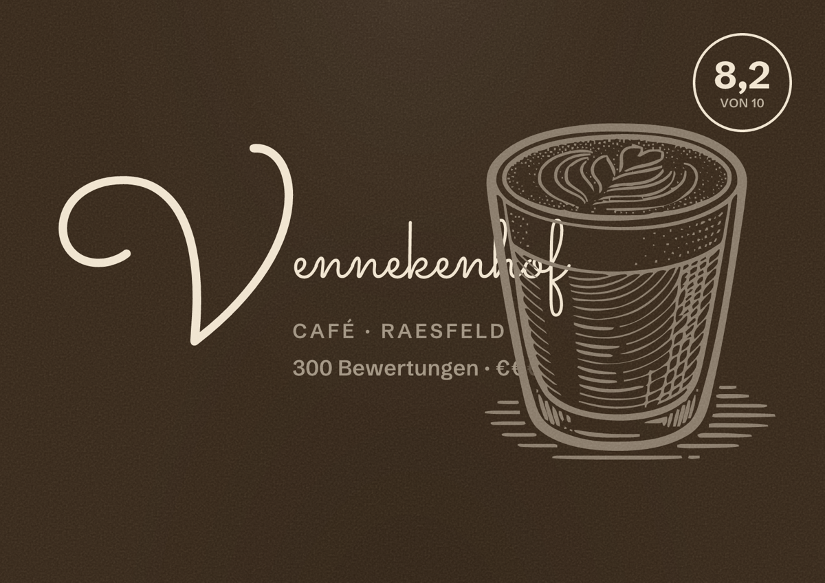 Illustriertes Poster von Vennekenhof, Café in Raesfeld: Bewertung 8,2 von 10 aus 300 Bewertungen, Preisniveau €€