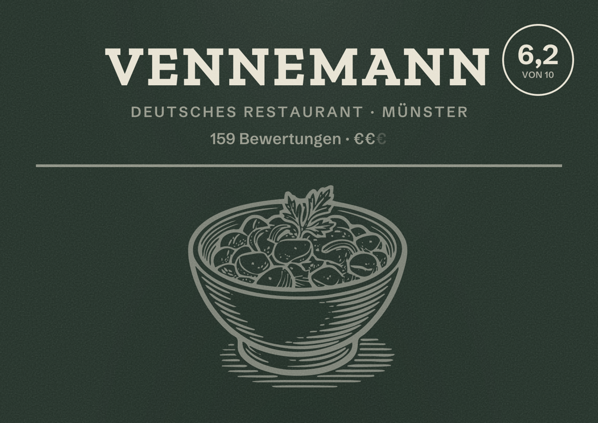 Illustriertes Poster von Vennemann, Deutsches Restaurant in Münster: Bewertung 6,2 von 10 aus 159 Bewertungen, Preisniveau €€