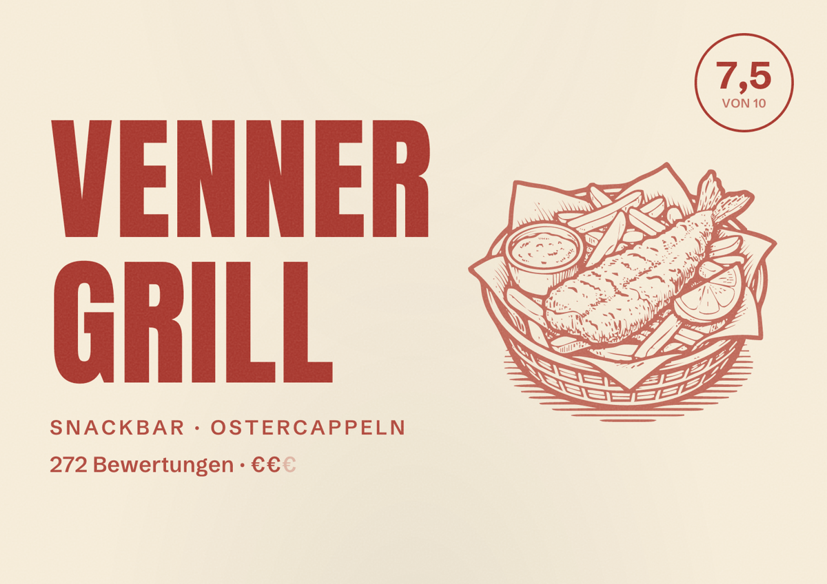 Illustriertes Poster von Venner Grill, Snackbar in Ostercappeln: Bewertung 7,5 von 10 aus 272 Bewertungen, Preisniveau €€