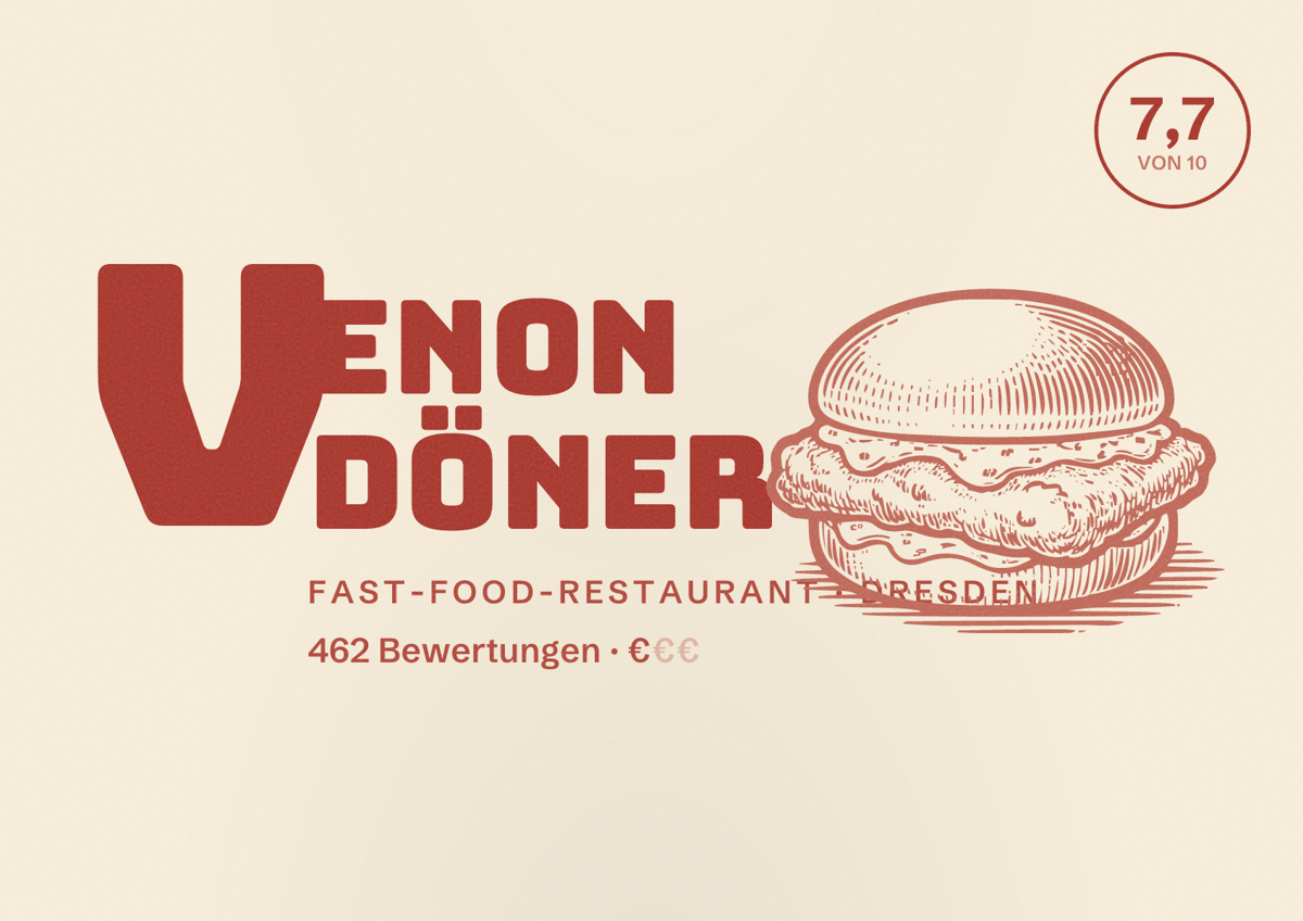 Illustriertes Poster von Venon Döner, Fast-Food-Restaurant in Dresden: Bewertung 7,7 von 10 aus 462 Bewertungen, Preisniveau €